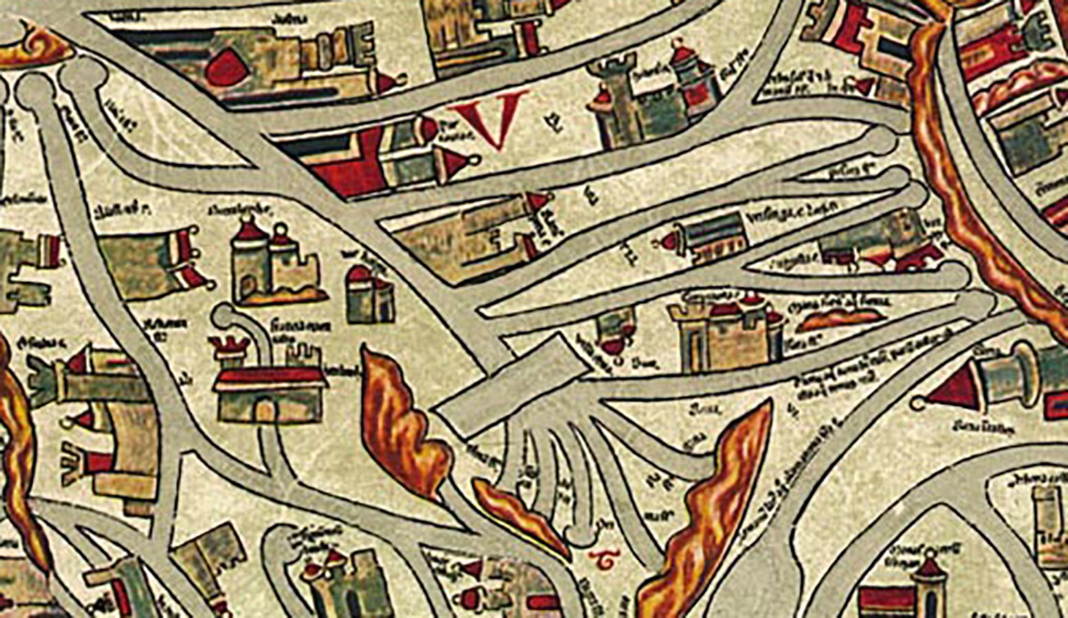 Ausschnitt aus der Ebstorfer Weltkarte: Bayern, Franken, Plassenburg  Zu sehen ist ein Ausschnitt aus der Ebstorfer Weltkarte, der Bayern, Franken und die Plassenburg zeigt.